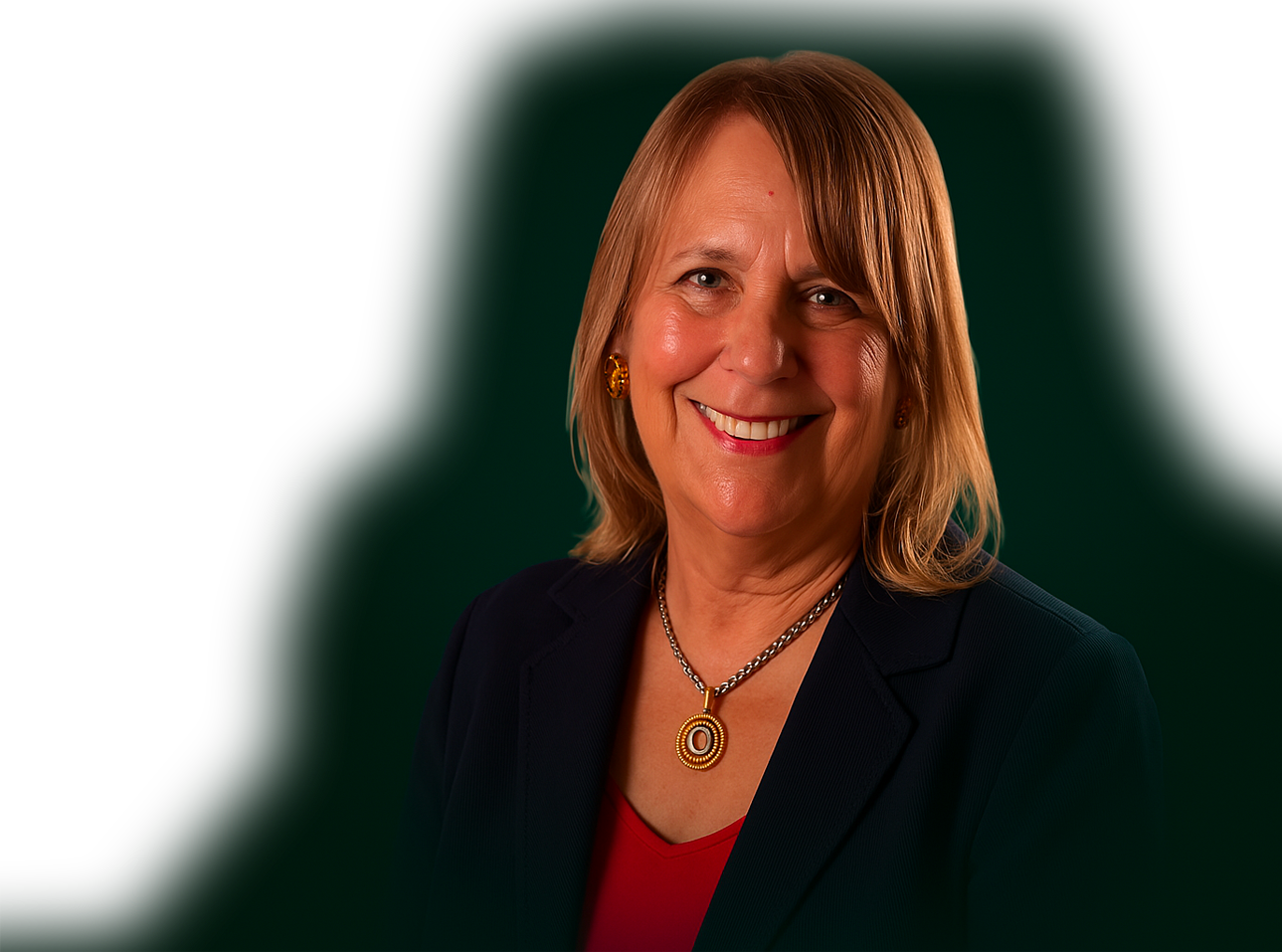 A smiling headshot of Debbie Treen on a green background. She is wearing a dark blazer over a lighter shirt and has her hair tied back. The woman is smiling gently and looking directly at the camera.