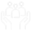 The image depicts an icon with three stylized human figures, each shown from the side, connected by lines that suggest collaboration or unity. The three human figures are cradled by hands.
